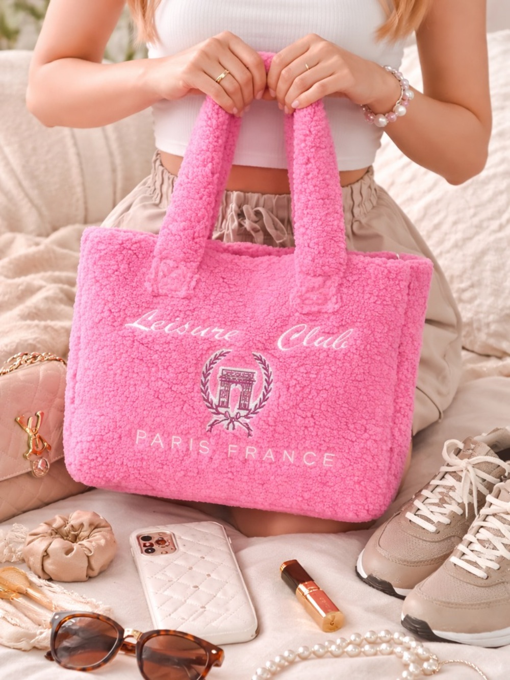 Target Pink Sherpa Tote Bag with Embroidered Crest